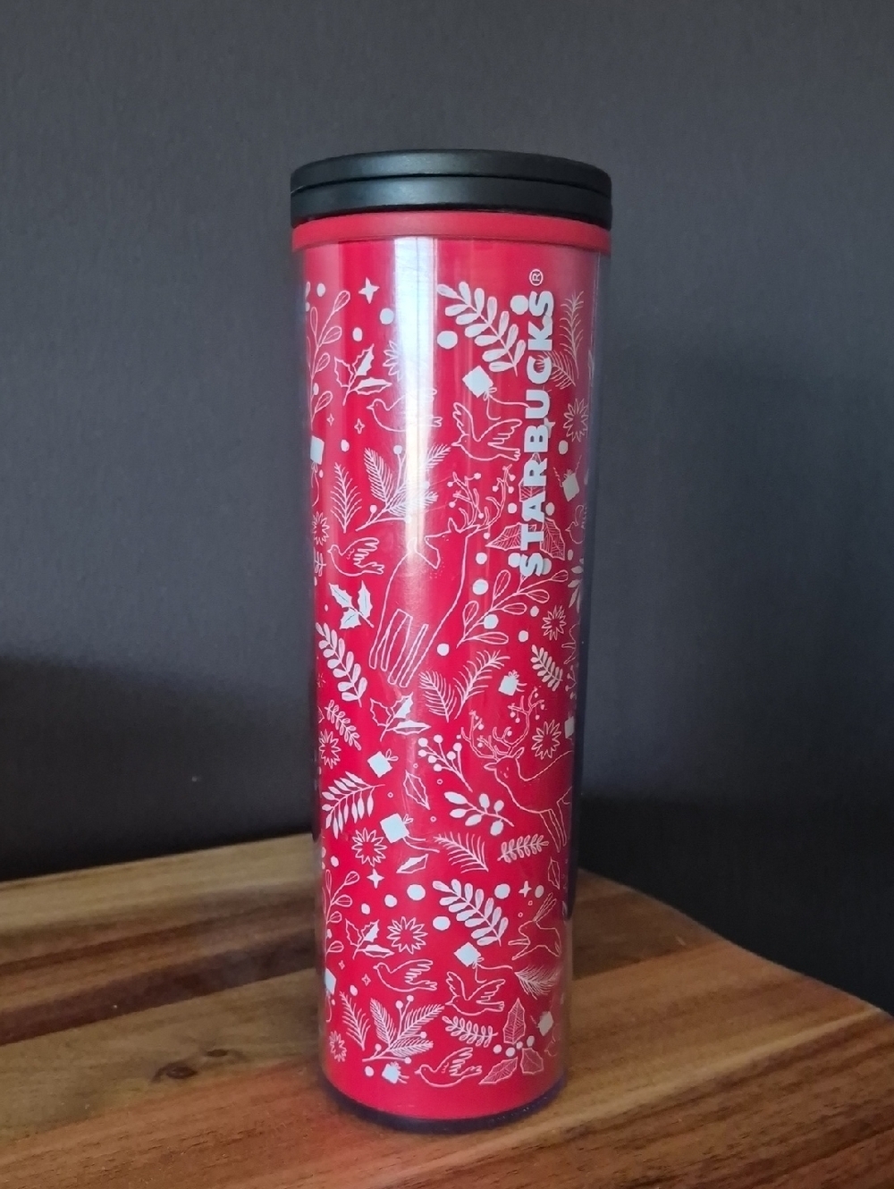 Starbucks Red Tumbler with White Floral and Bird Motif